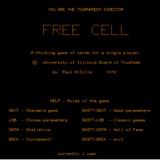The menu screen for the original 1978 version of Free Cell